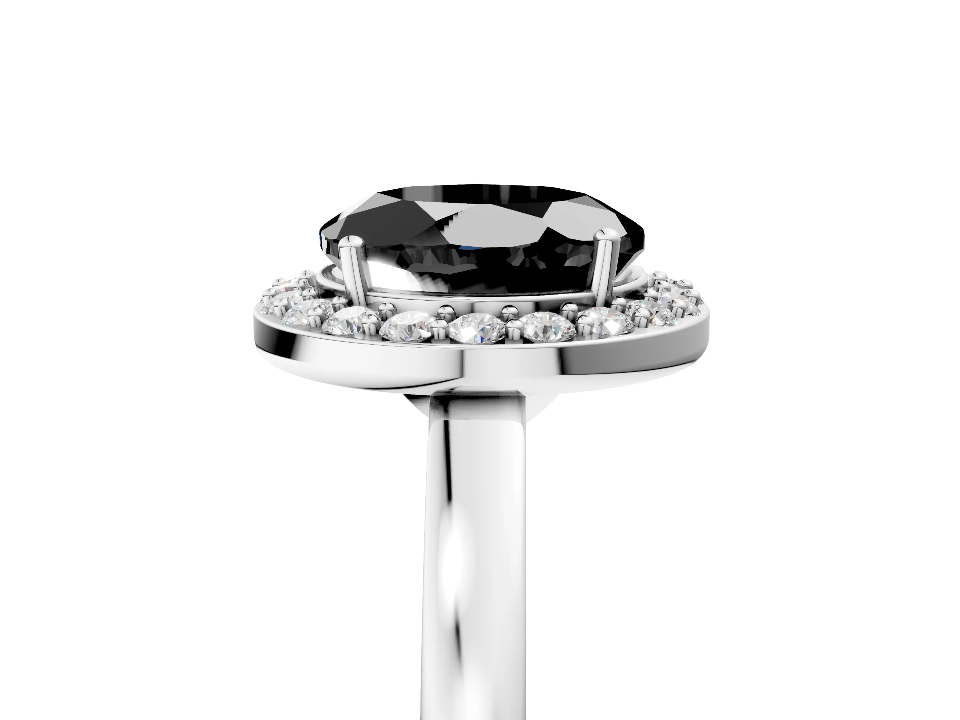 White gold Fancy Black Round Cut Halo Diamond Ring with Solitaire Band and Prong Setting_5