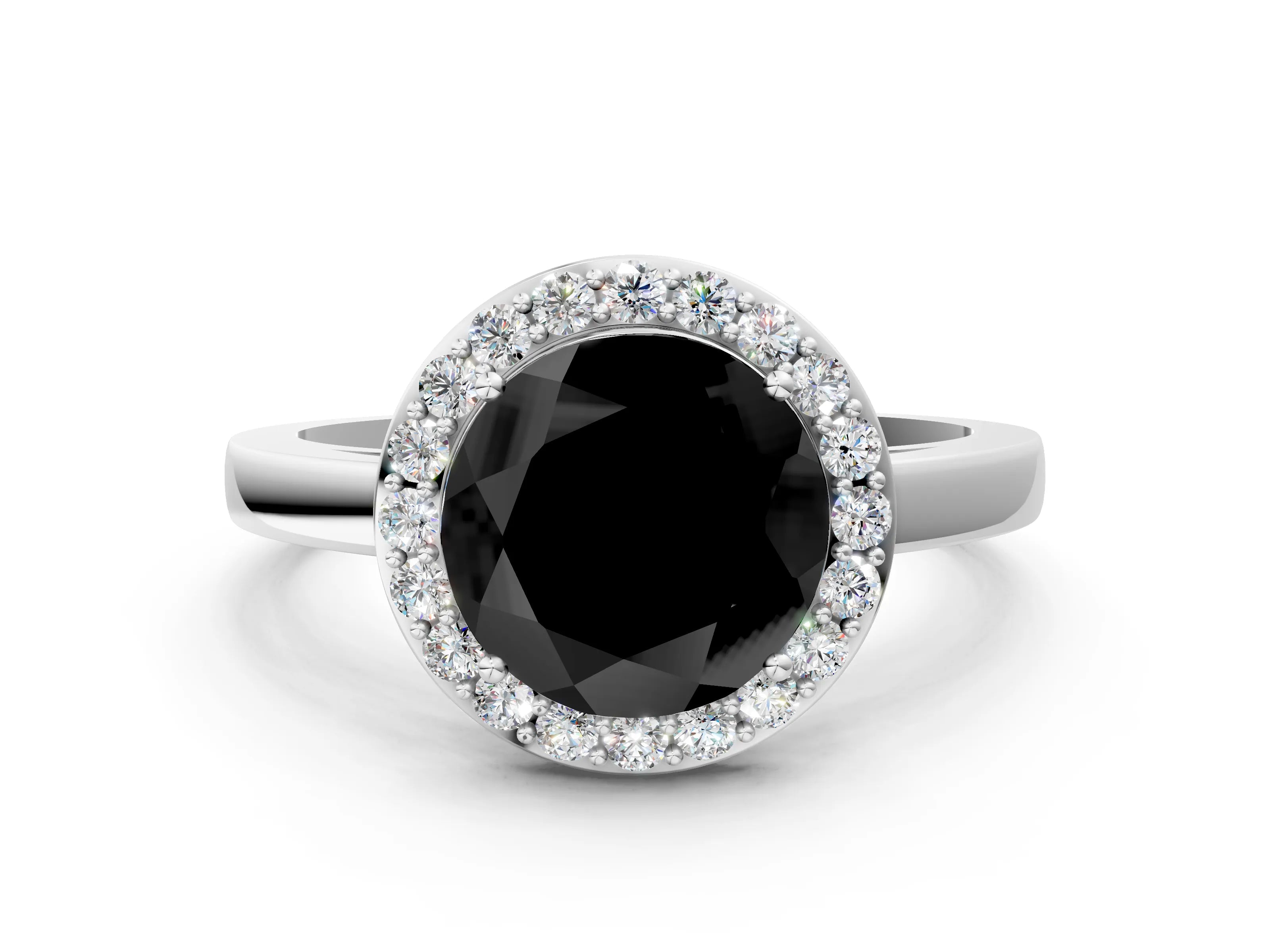 White gold Fancy Black Round Cut Halo Diamond Ring with Solitaire Band and Prong Setting