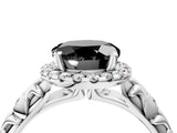White gold Fancy Black Round Cut Halo Diamond Solitaire with Filigree Band and Four-Prong Setting_16