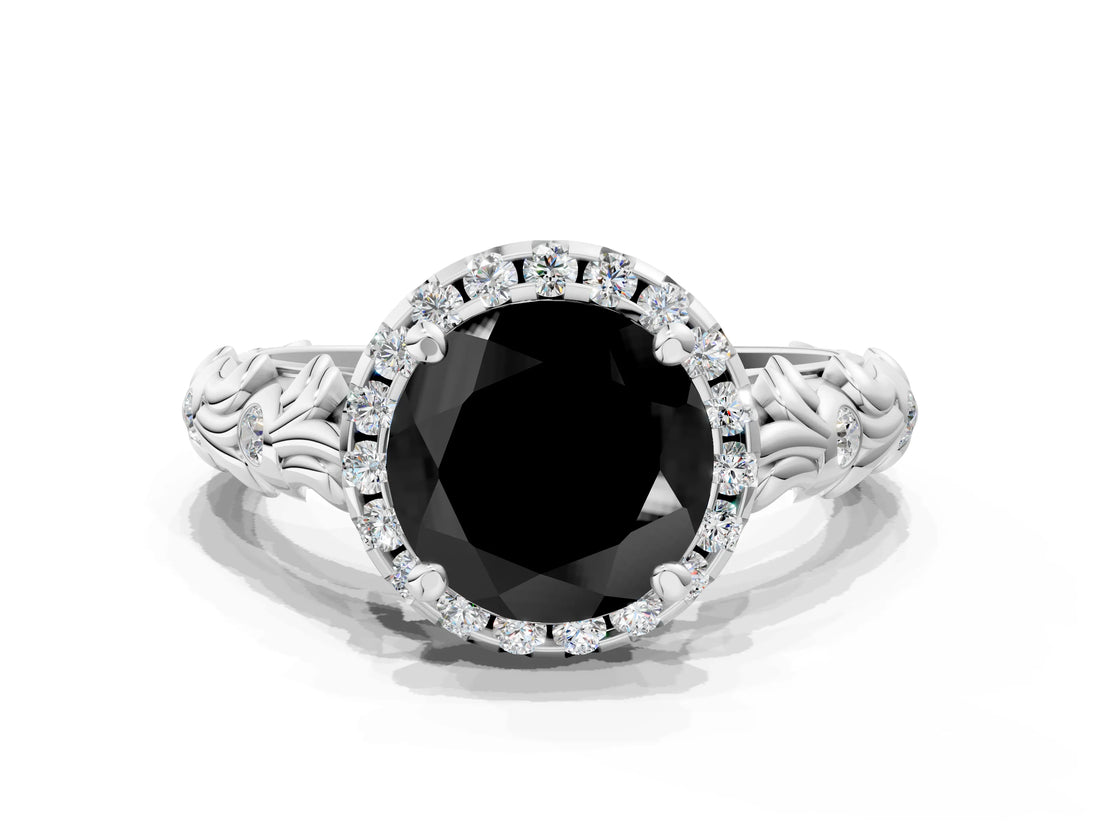 White gold Fancy Black Round Cut Halo Diamond Solitaire with Filigree Band and Four-Prong Setting_24