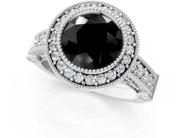 White Gold Round Vintage Bezel Halo Engagement Ring Setting for Black Center