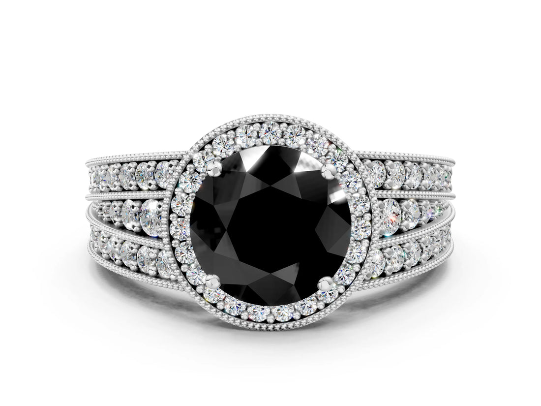 White gold Fancy Black Round Cut Halo Diamond Split Shank Ring with Prong Setting