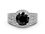 White gold Fancy Black Round Cut Halo Diamond Split Shank Ring with Prong Setting