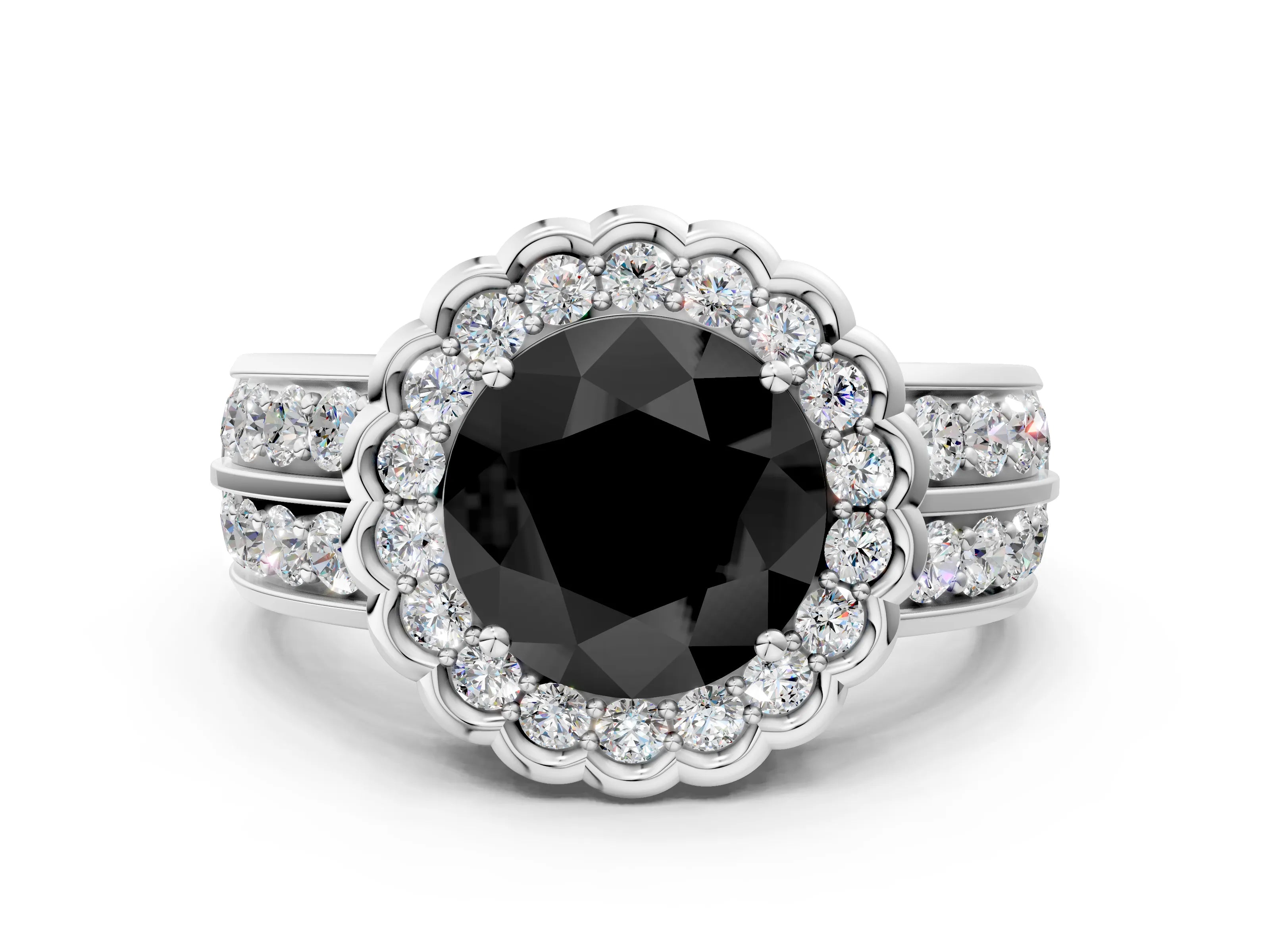 White gold Fancy Black Round Cut Halo Diamond Split Shank Ring with Scalloped Prong Setting_12