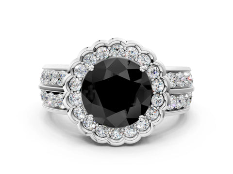 White gold Fancy Black Round Cut Halo Diamond Split Shank Ring with Scalloped Prong Setting_12