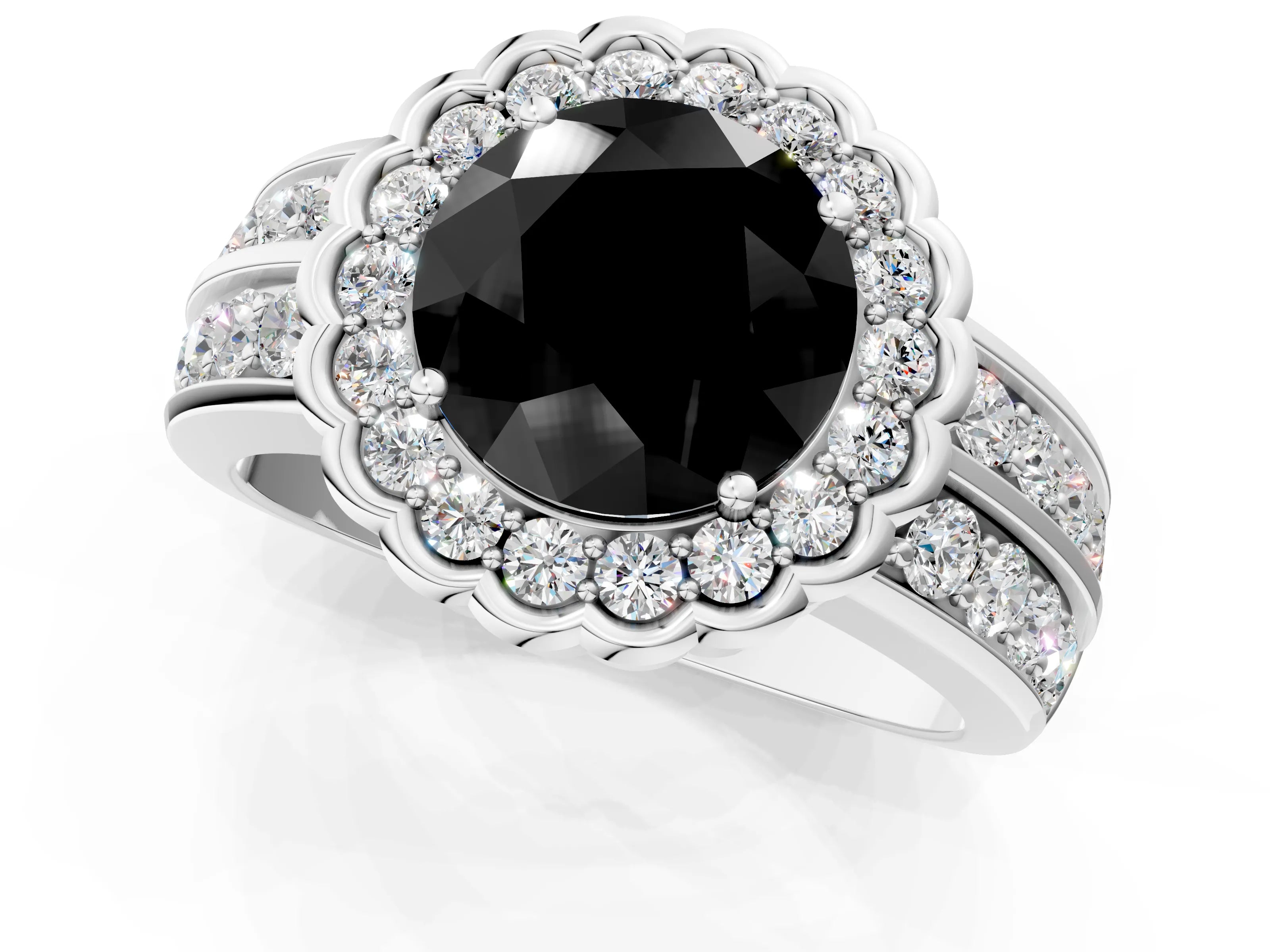 White gold Fancy Black Round Cut Halo Diamond Split Shank Ring with Scalloped Prong Setting_13