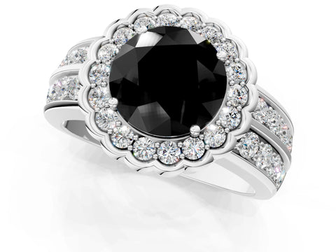 White gold Fancy Black Round Cut Halo Diamond Split Shank Ring with Scalloped Prong Setting_13