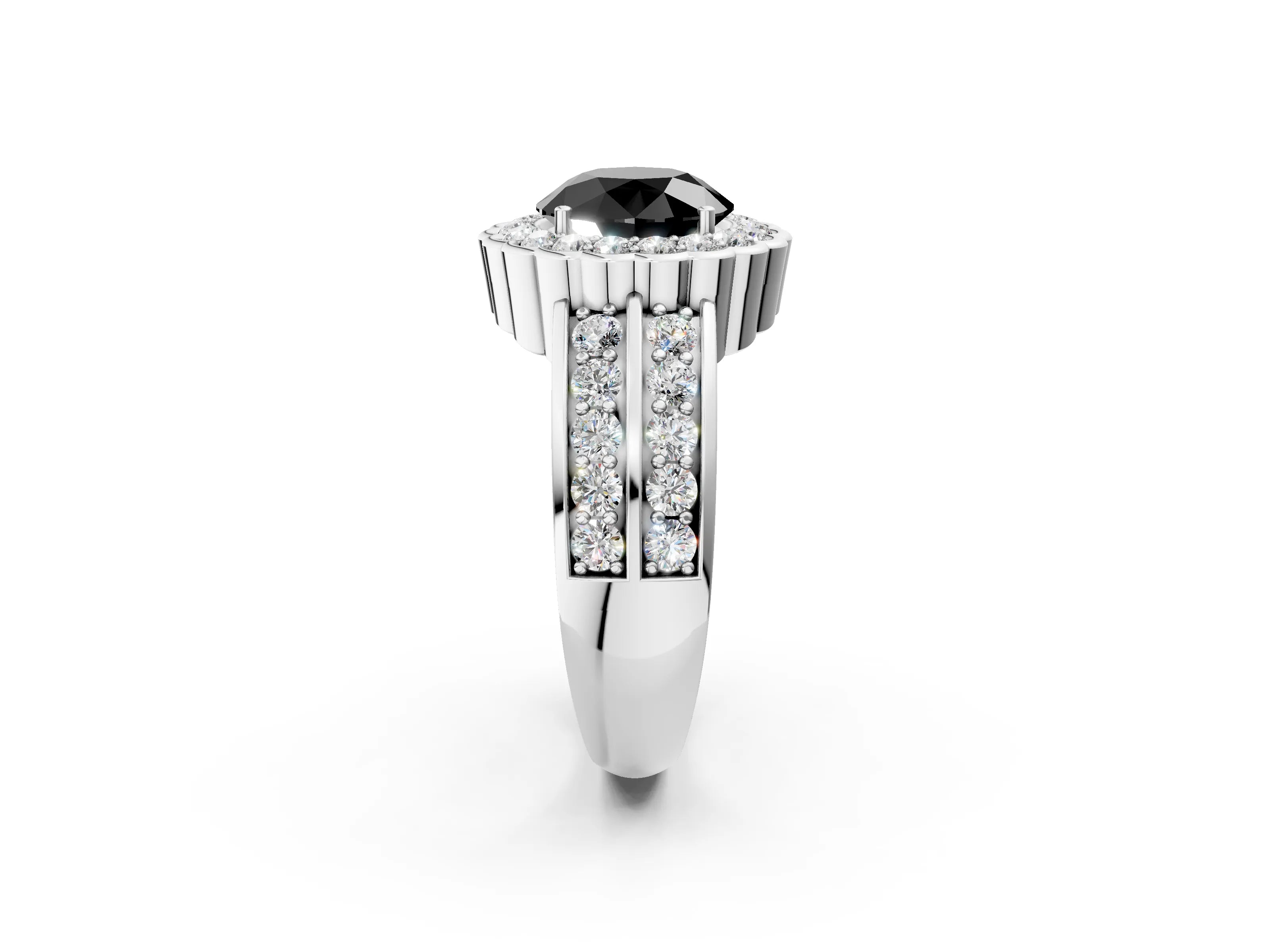 White gold Fancy Black Round Cut Halo Diamond Split Shank Ring with Scalloped Prong Setting_14