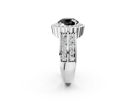White gold Fancy Black Round Cut Halo Diamond Split Shank Ring with Scalloped Prong Setting_14
