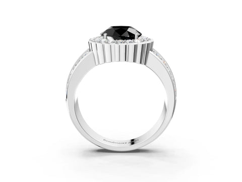 White gold Fancy Black Round Cut Halo Diamond Split Shank Ring with Scalloped Prong Setting_15
