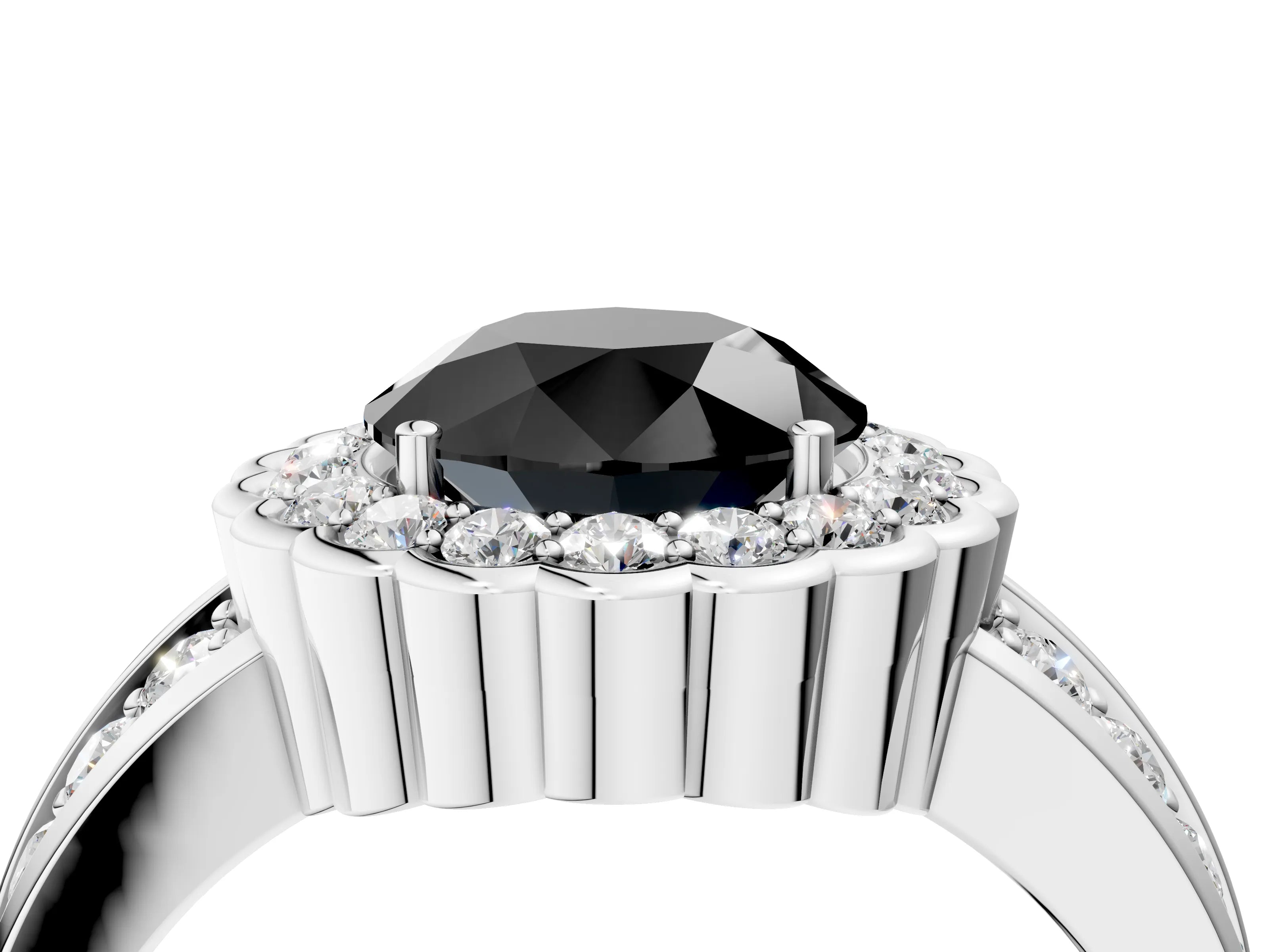 White gold Fancy Black Round Cut Halo Diamond Split Shank Ring with Scalloped Prong Setting_16