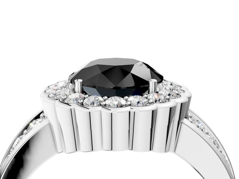 White gold Fancy Black Round Cut Halo Diamond Split Shank Ring with Scalloped Prong Setting_16