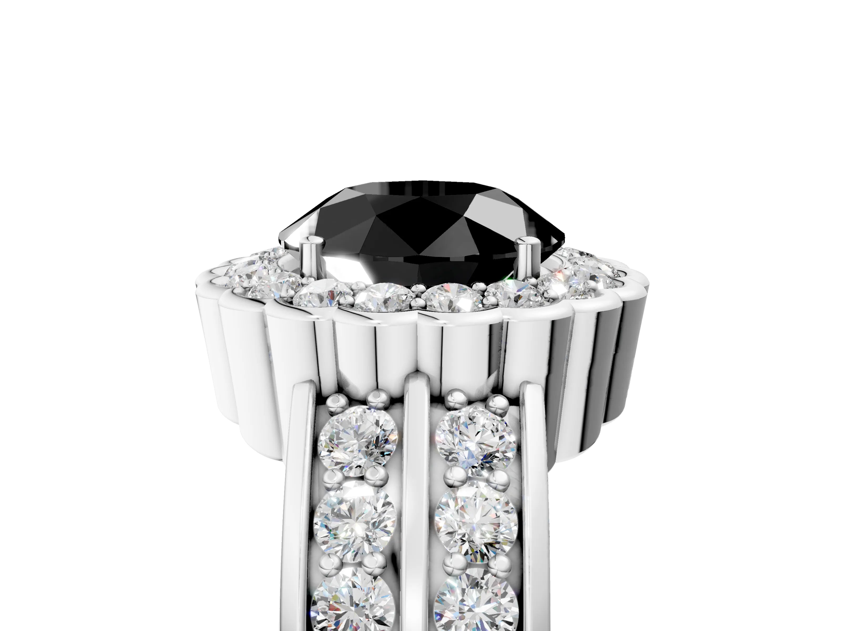 White gold Fancy Black Round Cut Halo Diamond Split Shank Ring with Scalloped Prong Setting_17
