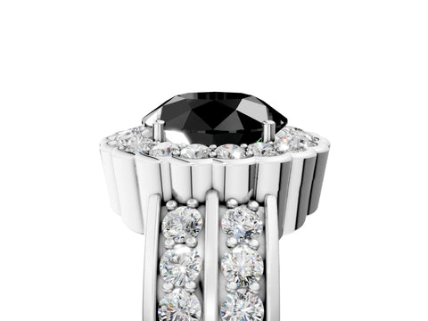 White gold Fancy Black Round Cut Halo Diamond Split Shank Ring with Scalloped Prong Setting_17