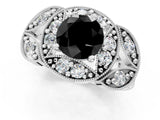 White gold Fancy Black Round Cut Halo Milgrain Diamond Engagement Ring with Leaf Band and Four-Prong Setting_1