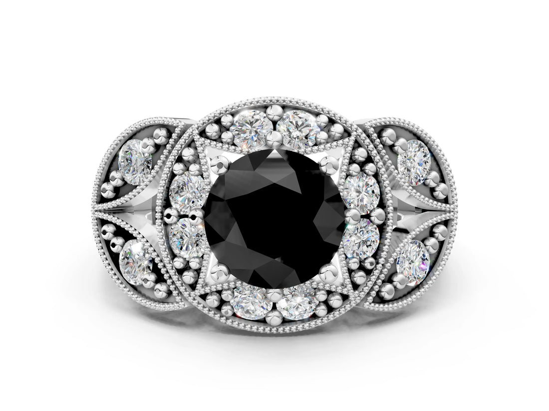 White gold Fancy Black Round Cut Halo Milgrain Diamond Engagement Ring with Leaf Band and Four-Prong Setting