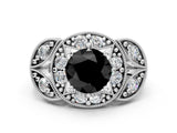 White gold Fancy Black Round Cut Halo Milgrain Diamond Engagement Ring with Leaf Band and Four-Prong Setting