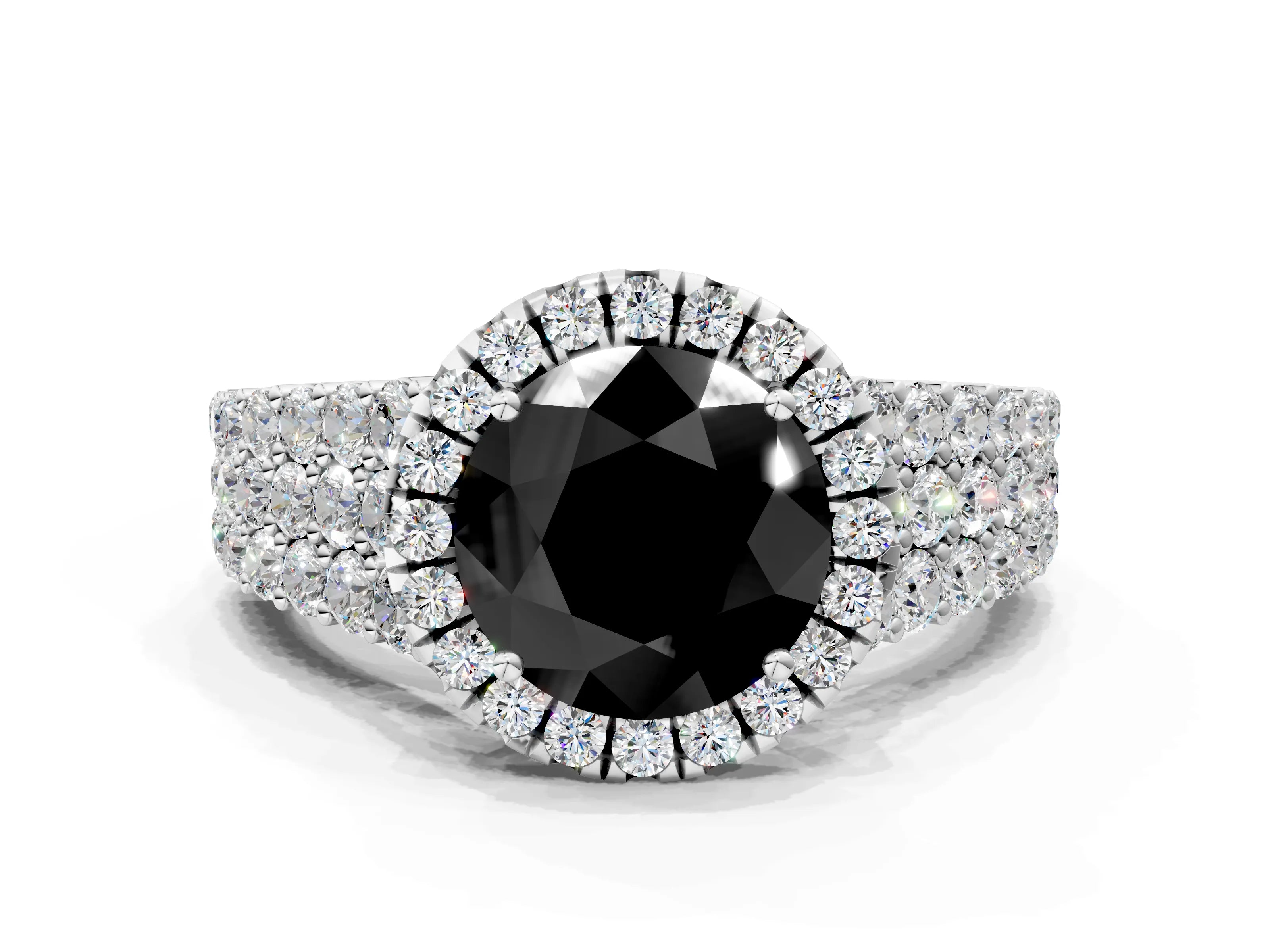 White gold Fancy Black Round Cut Halo Pavé Diamond Engagement Ring with Split Shank and Four-Prong Setting_3