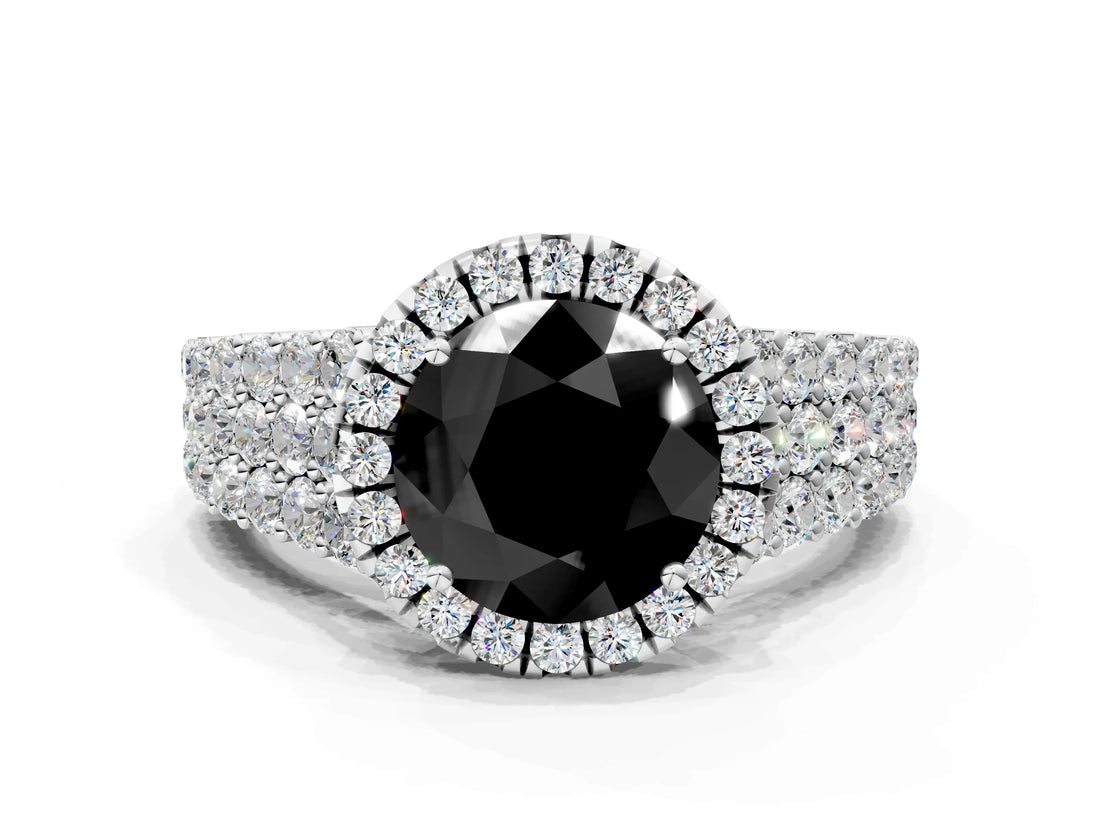 White gold Fancy Black Round Cut Halo Pavé Diamond Engagement Ring with Split Shank and Four-Prong Setting_3