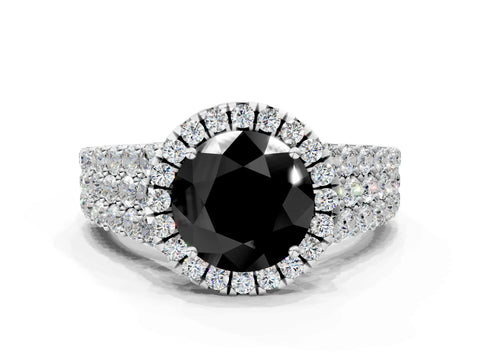 White gold Fancy Black Round Cut Halo Pavé Diamond Engagement Ring with Split Shank and Four-Prong Setting_3