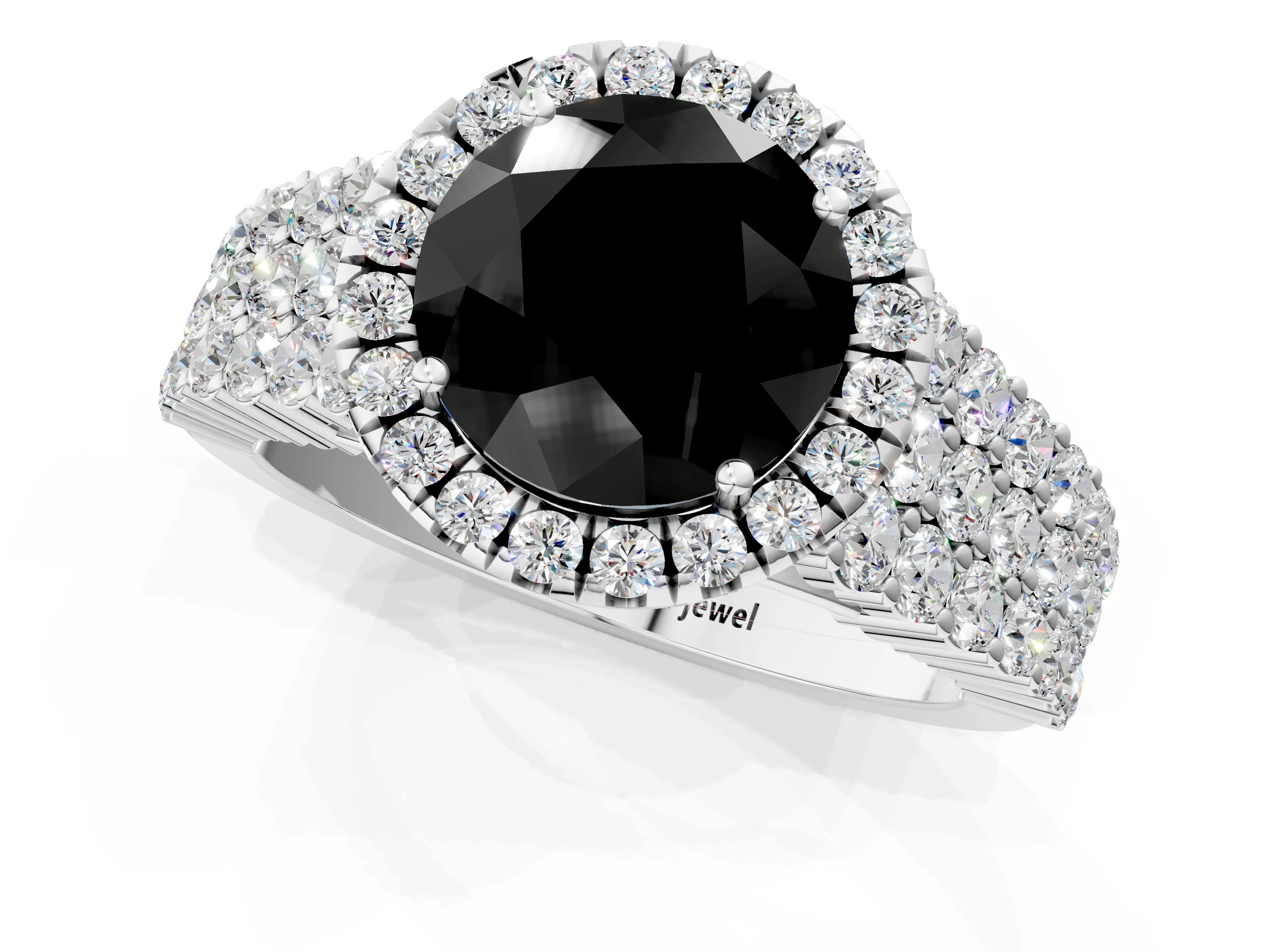 White gold Fancy Black Round Cut Halo Pavé Diamond Engagement Ring with Split Shank and Four-Prong Setting_4