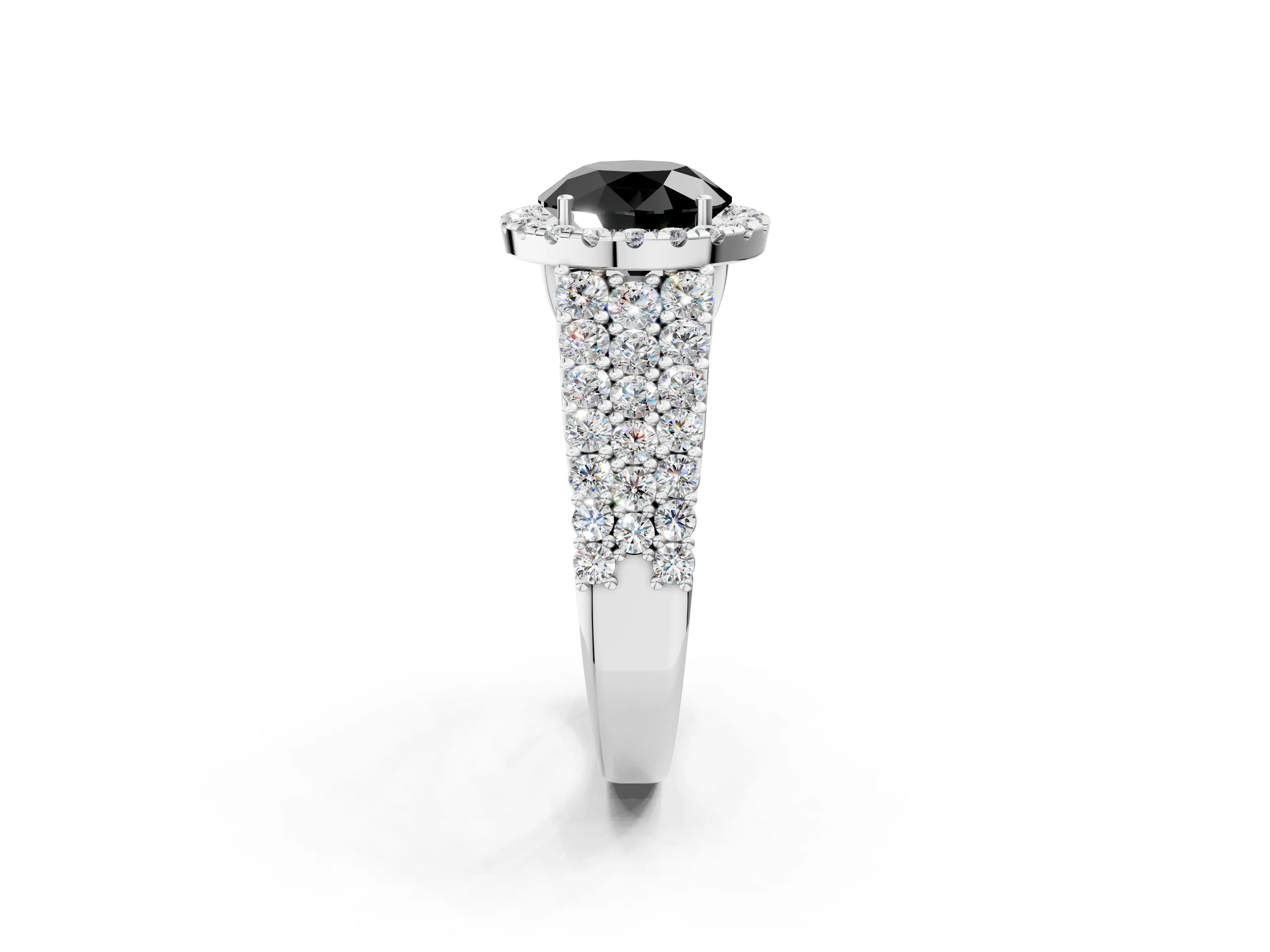 White gold Fancy Black Round Cut Halo Pavé Diamond Engagement Ring with Split Shank and Four-Prong Setting_5