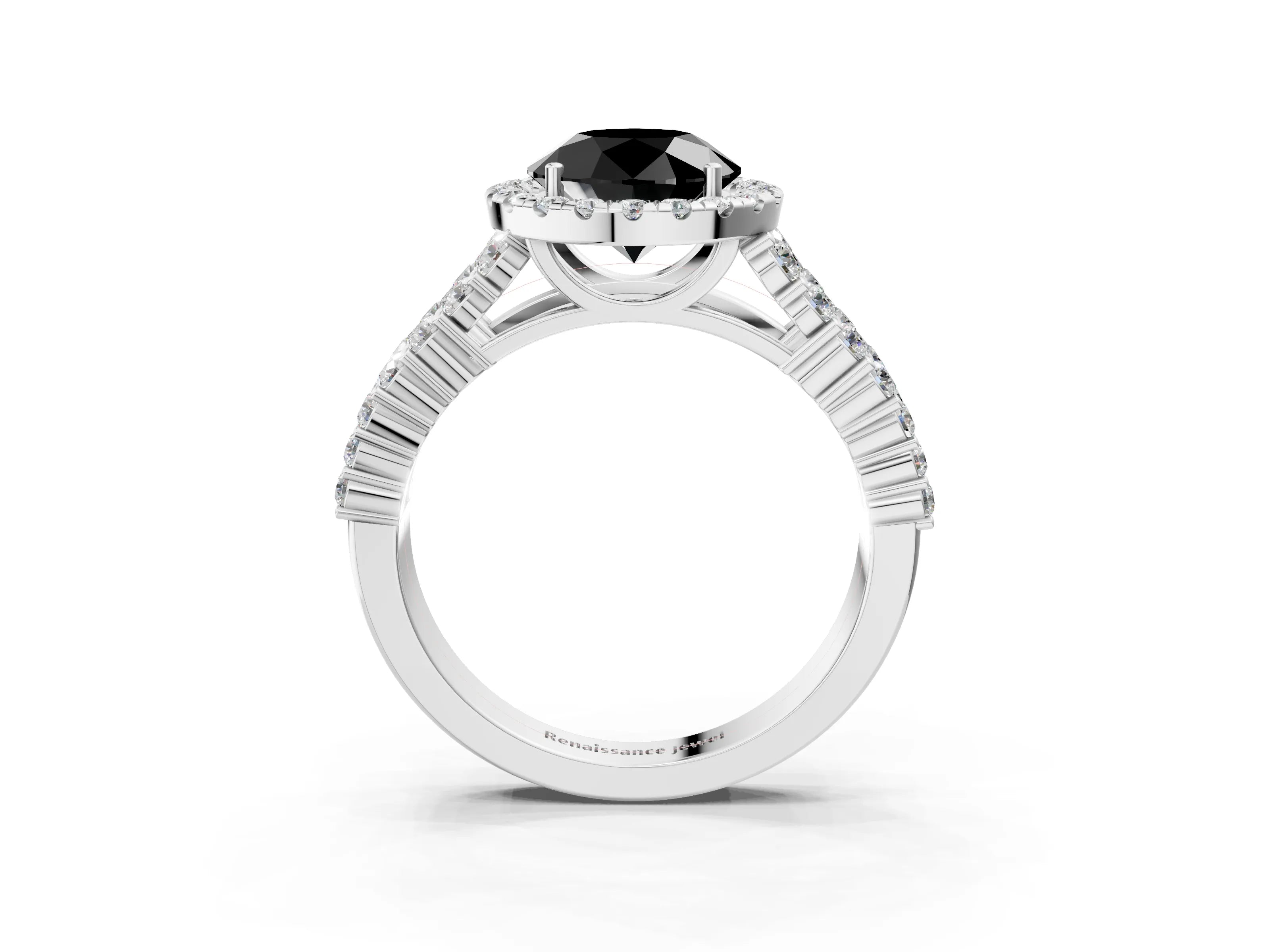 White gold Fancy Black Round Cut Halo Pavé Diamond Engagement Ring with Split Shank and Four-Prong Setting_6
