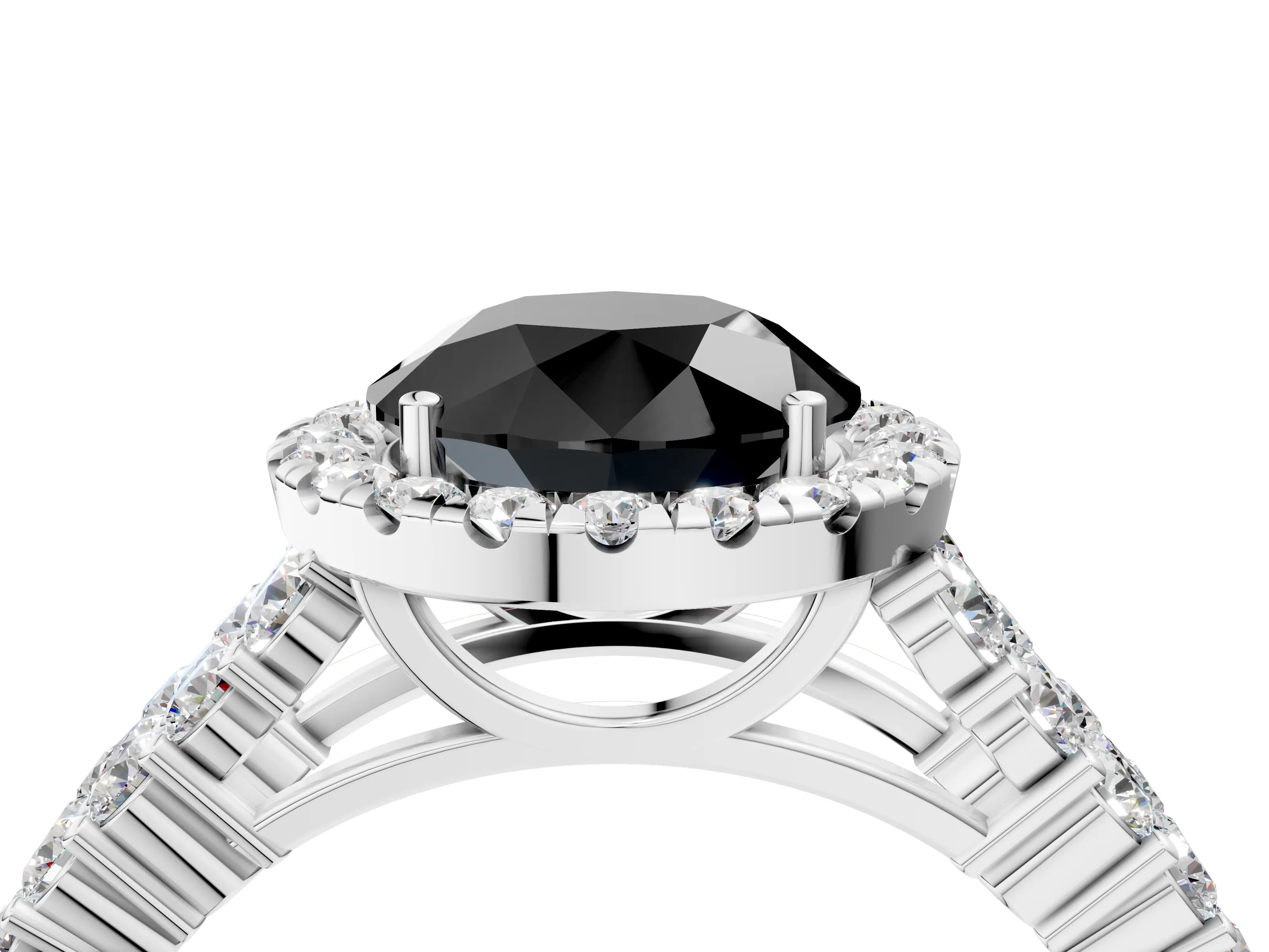White gold Fancy Black Round Cut Halo Pavé Diamond Engagement Ring with Split Shank and Four-Prong Setting_7