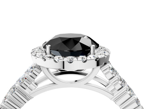 White gold Fancy Black Round Cut Halo Pavé Diamond Engagement Ring with Split Shank and Four-Prong Setting_7
