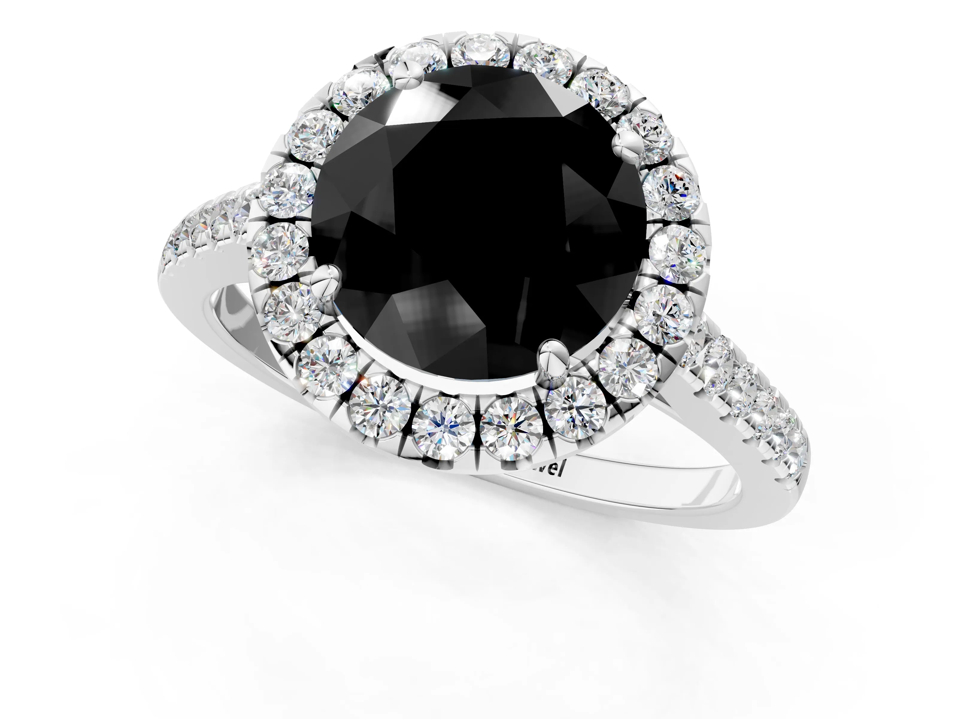 White gold Fancy Black Round Cut Halo Pave Diamond Engagement Ring with Four-Prong Setting_1