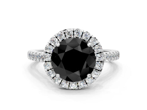 White gold Fancy Black Round Cut Halo Pave Diamond Engagement Ring with Four-Prong Setting