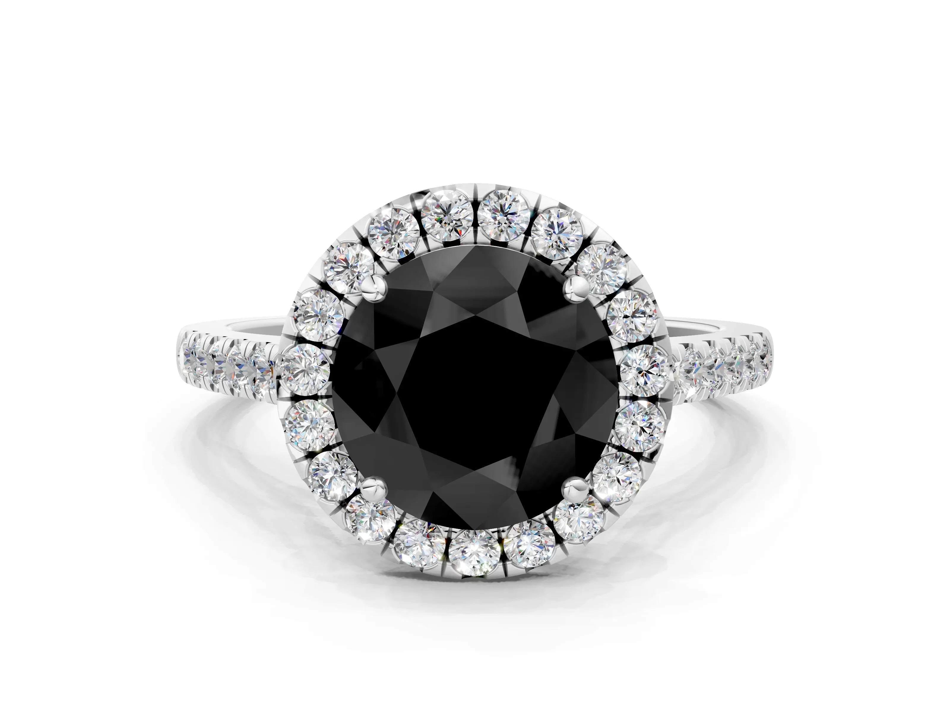 White gold Fancy Black Round Cut Halo Pave Diamond Engagement Ring with Four-Prong Setting