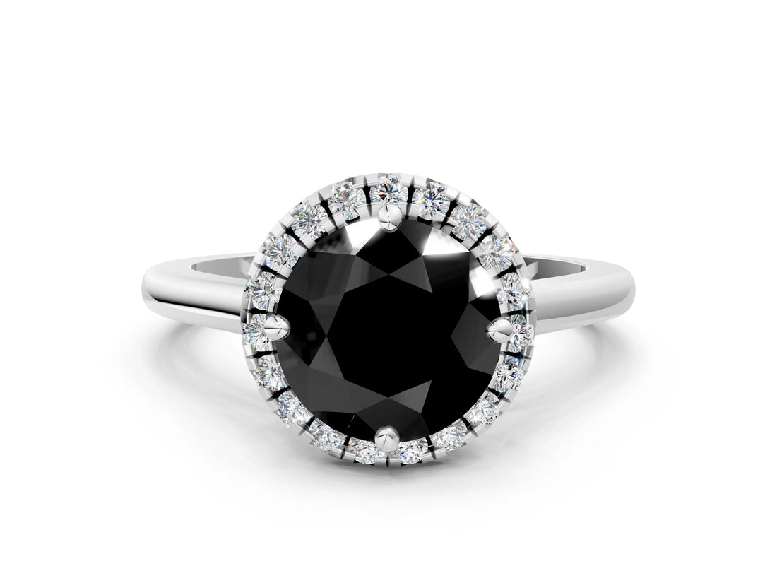 White gold Fancy Black Round Cut Halo Round Diamond Solitaire Engagement Ring with Pave Band and Four-Prong Setting_24