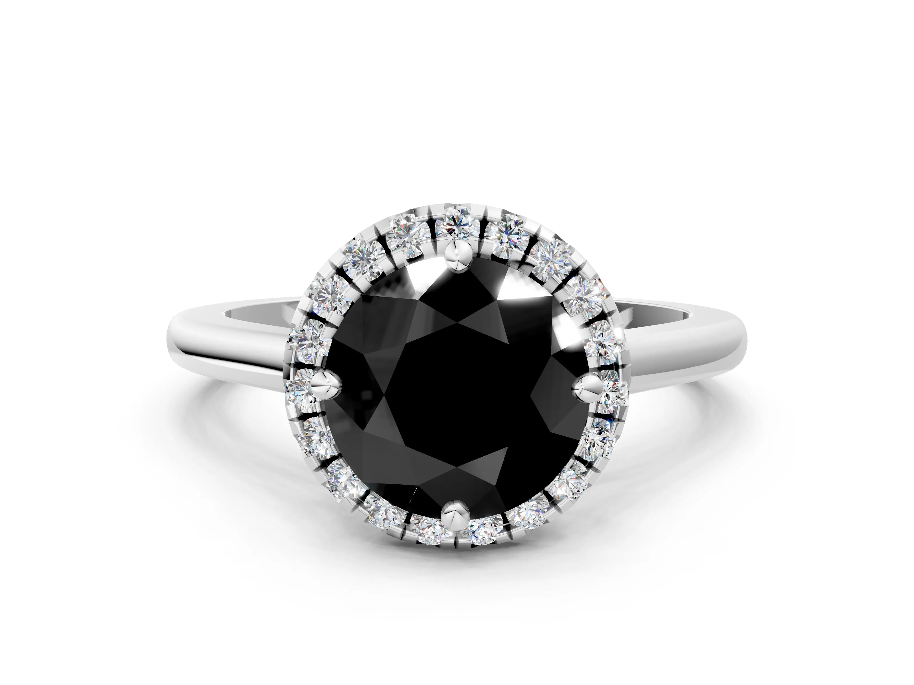 White gold Fancy Black Round Cut Halo Round Diamond Solitaire Engagement Ring with Pave Band and Four-Prong Setting_24