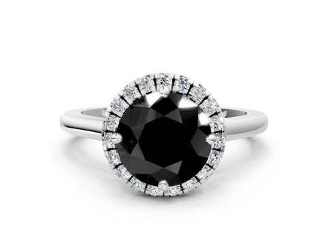 White gold Fancy Black Round Cut Halo Round Diamond Solitaire Engagement Ring with Pave Band and Four-Prong Setting_24