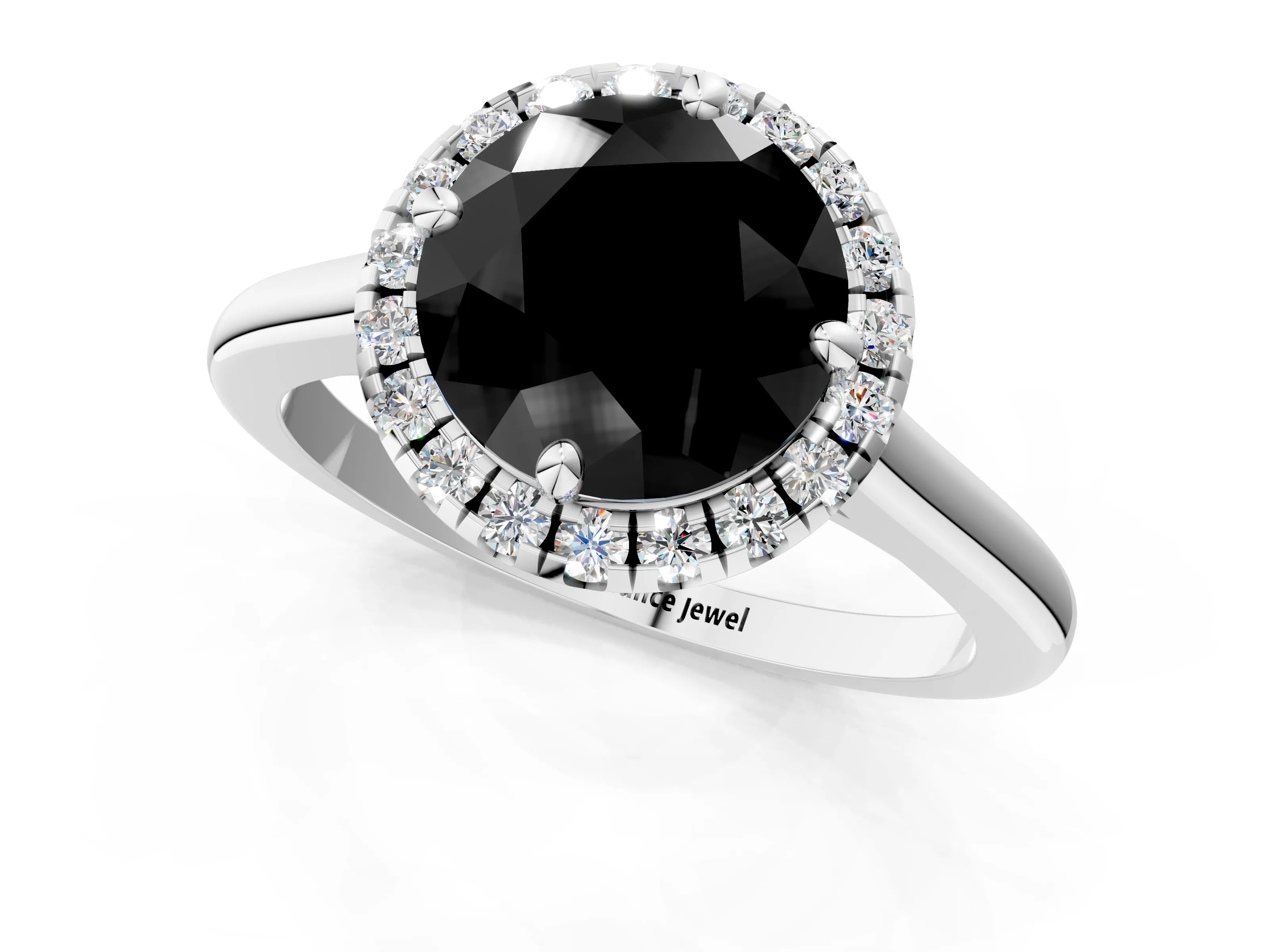 White gold Fancy Black Round Cut Halo Round Diamond Solitaire Engagement Ring with Pave Band and Four-Prong Setting_25