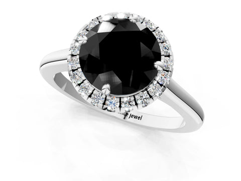 White gold Fancy Black Round Cut Halo Round Diamond Solitaire Engagement Ring with Pave Band and Four-Prong Setting_25