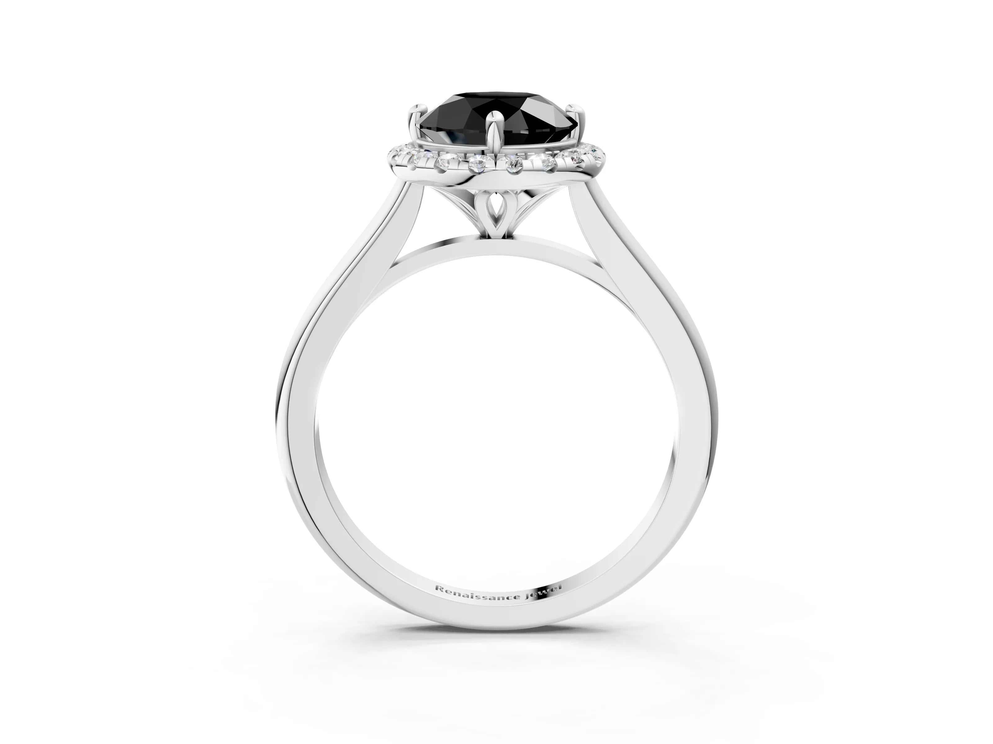 White gold Fancy Black Round Cut Halo Round Diamond Solitaire Engagement Ring with Pave Band and Four-Prong Setting_27
