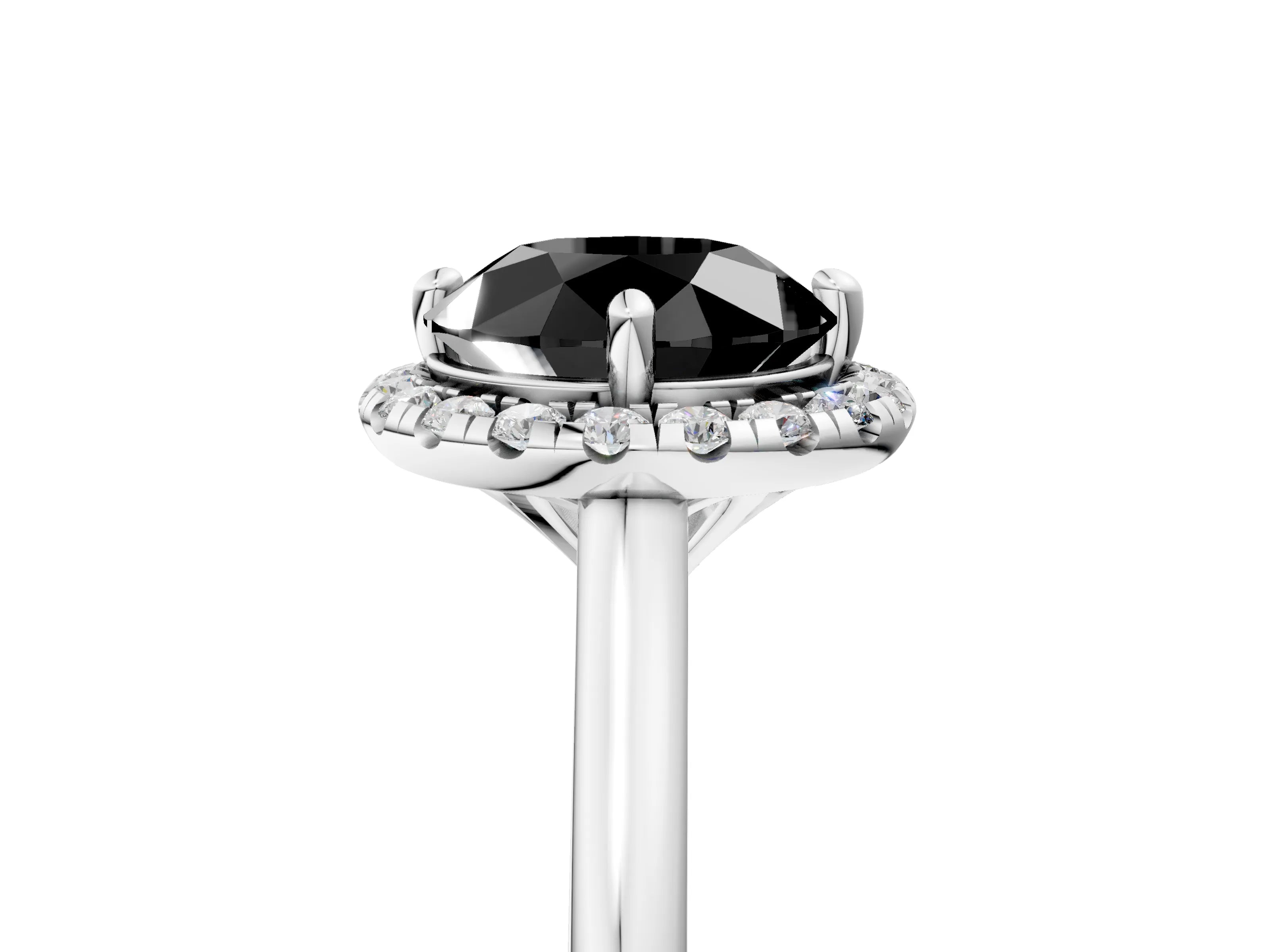 White gold Fancy Black Round Cut Halo Round Diamond Solitaire Engagement Ring with Pave Band and Four-Prong Setting_29