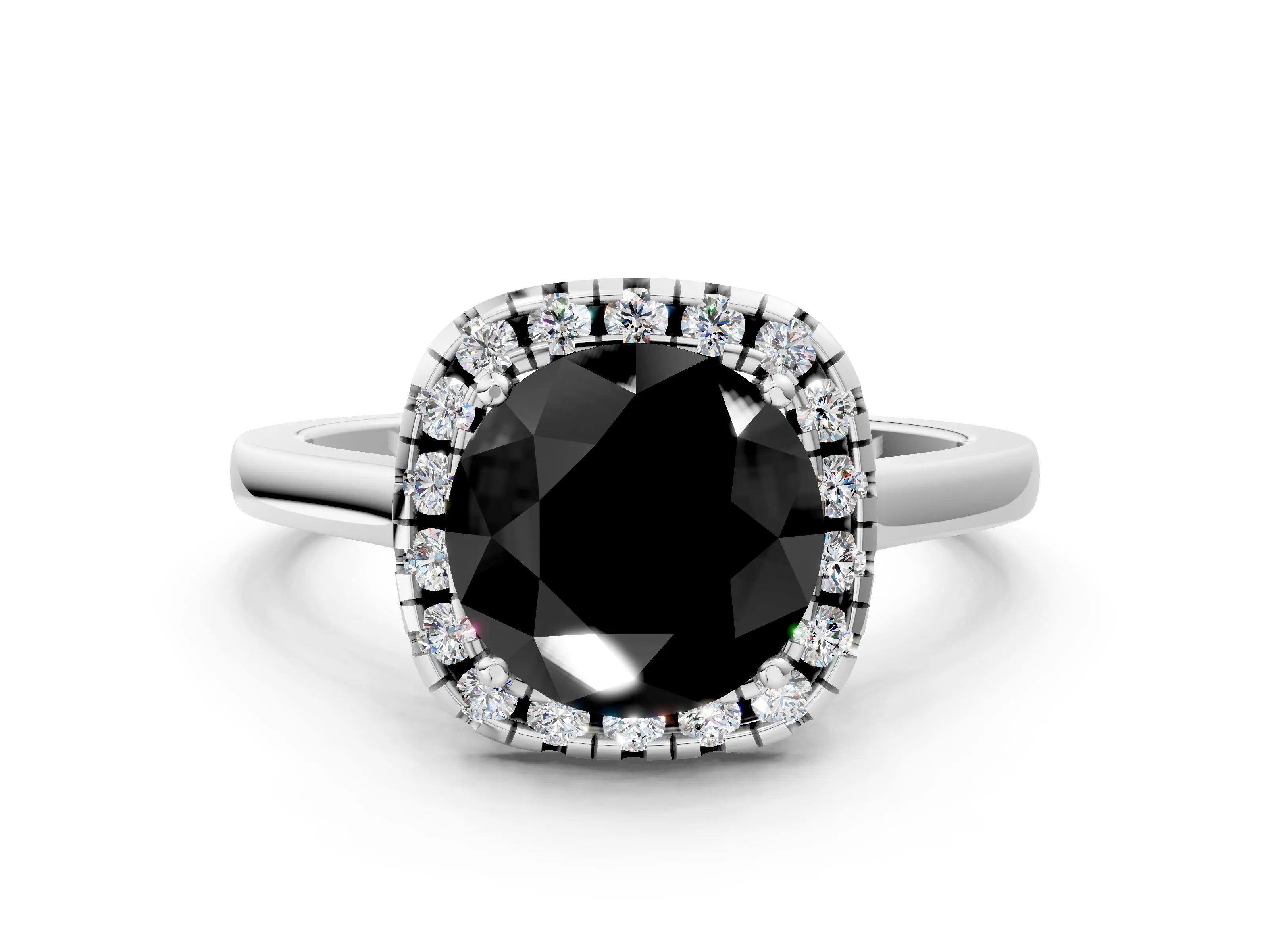 White gold Fancy Black Round Cut Halo Round Diamond Solitaire Ring with Pavé Band and Four-Prong Setting_12