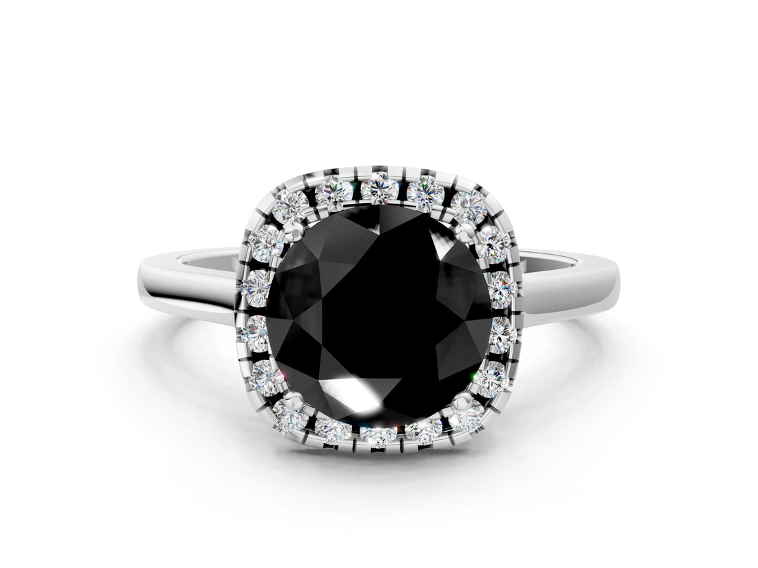 White gold Fancy Black Round Cut Halo Round Diamond Solitaire Ring with Pavé Band and Four-Prong Setting_12