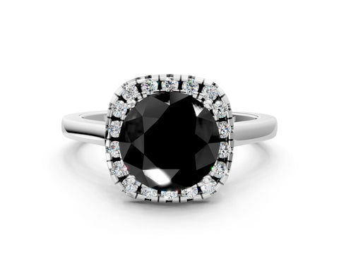 White gold Fancy Black Round Cut Halo Round Diamond Solitaire Ring with Pavé Band and Four-Prong Setting_12