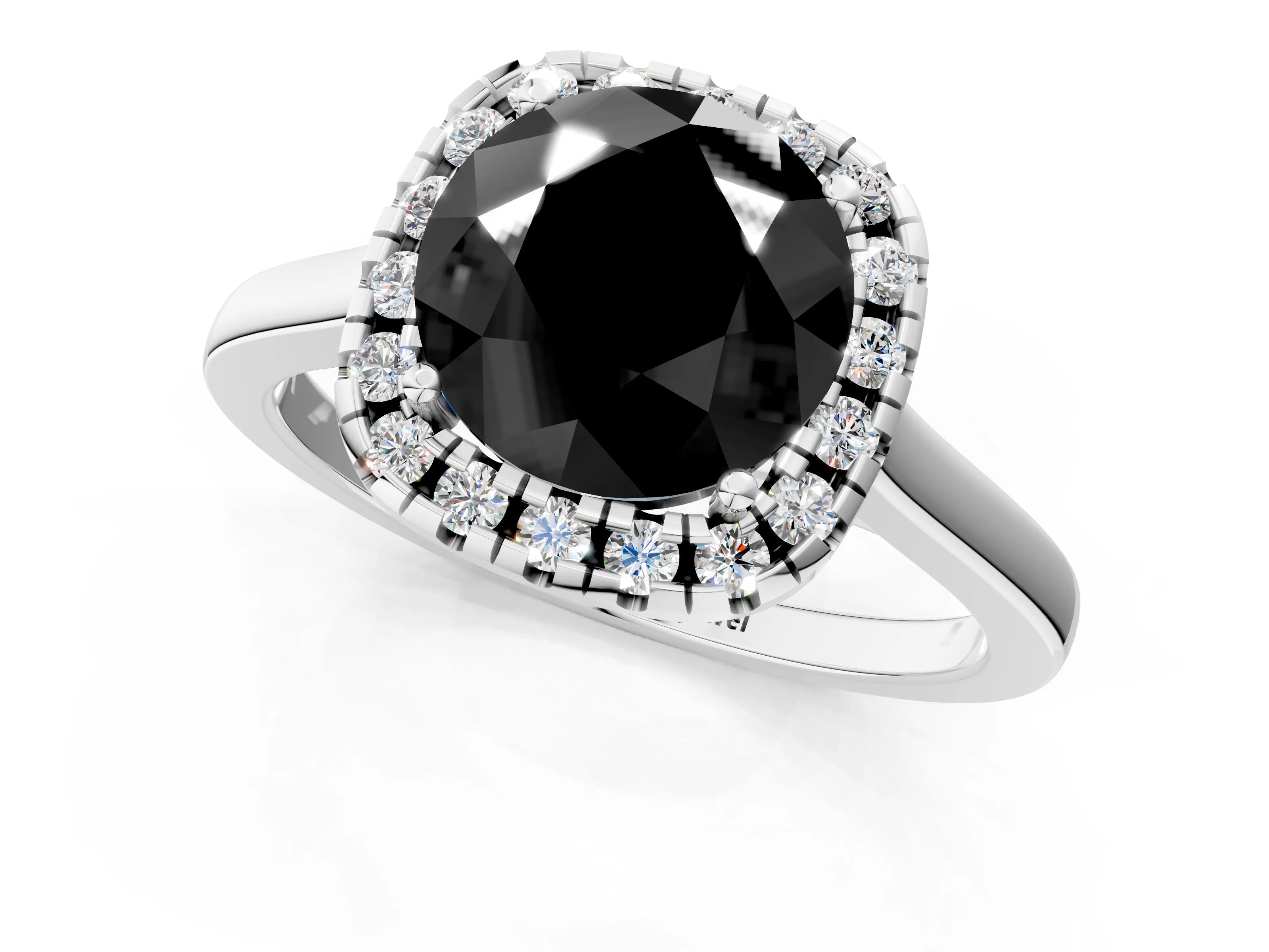 White gold Fancy Black Round Cut Halo Round Diamond Solitaire Ring with Pavé Band and Four-Prong Setting_13