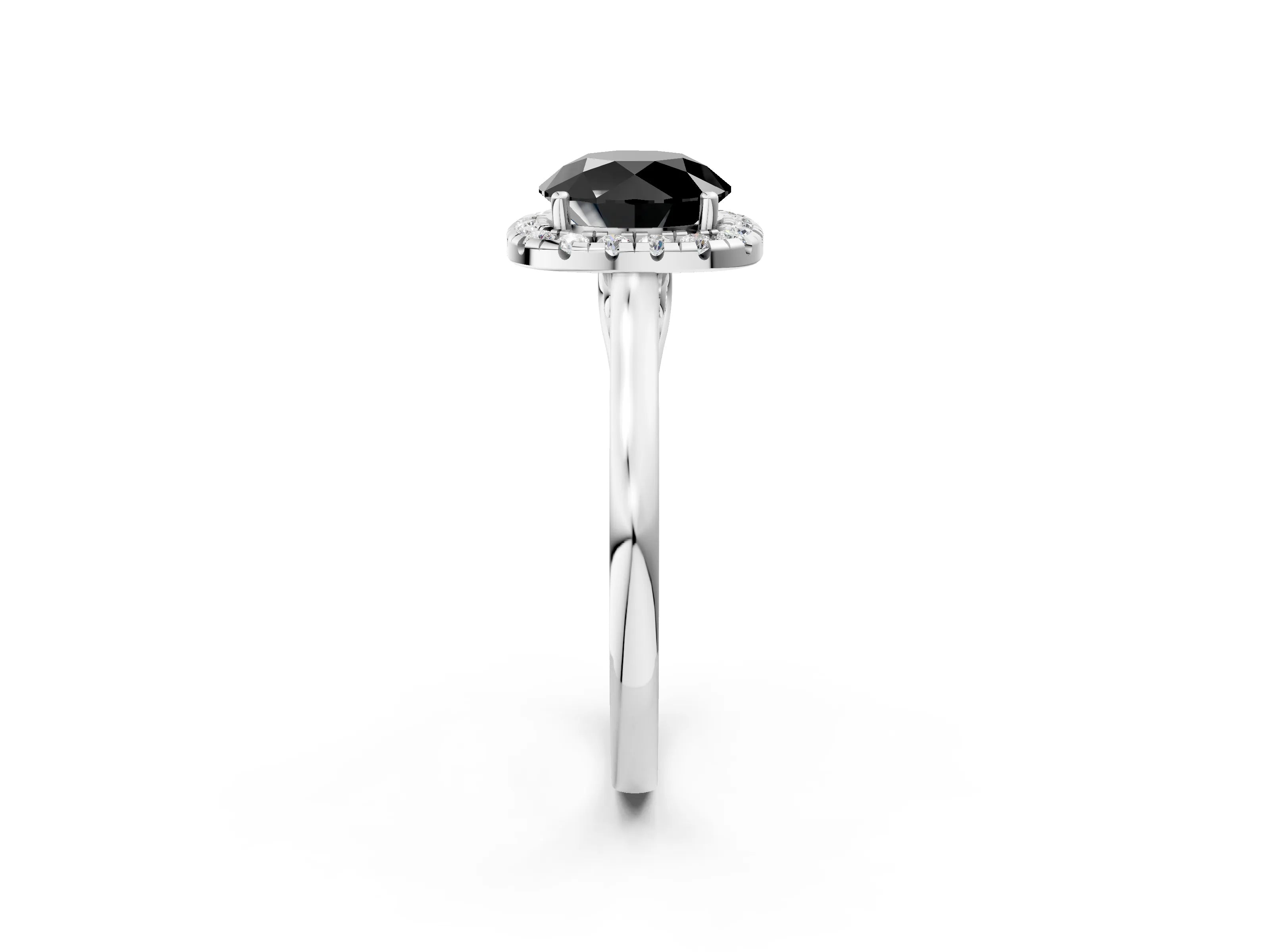 White gold Fancy Black Round Cut Halo Round Diamond Solitaire Ring with Pavé Band and Four-Prong Setting_14