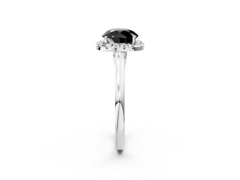 White gold Fancy Black Round Cut Halo Round Diamond Solitaire Ring with Pavé Band and Four-Prong Setting_14