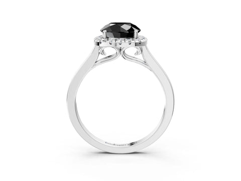 White gold Fancy Black Round Cut Halo Round Diamond Solitaire Ring with Pavé Band and Four-Prong Setting_15