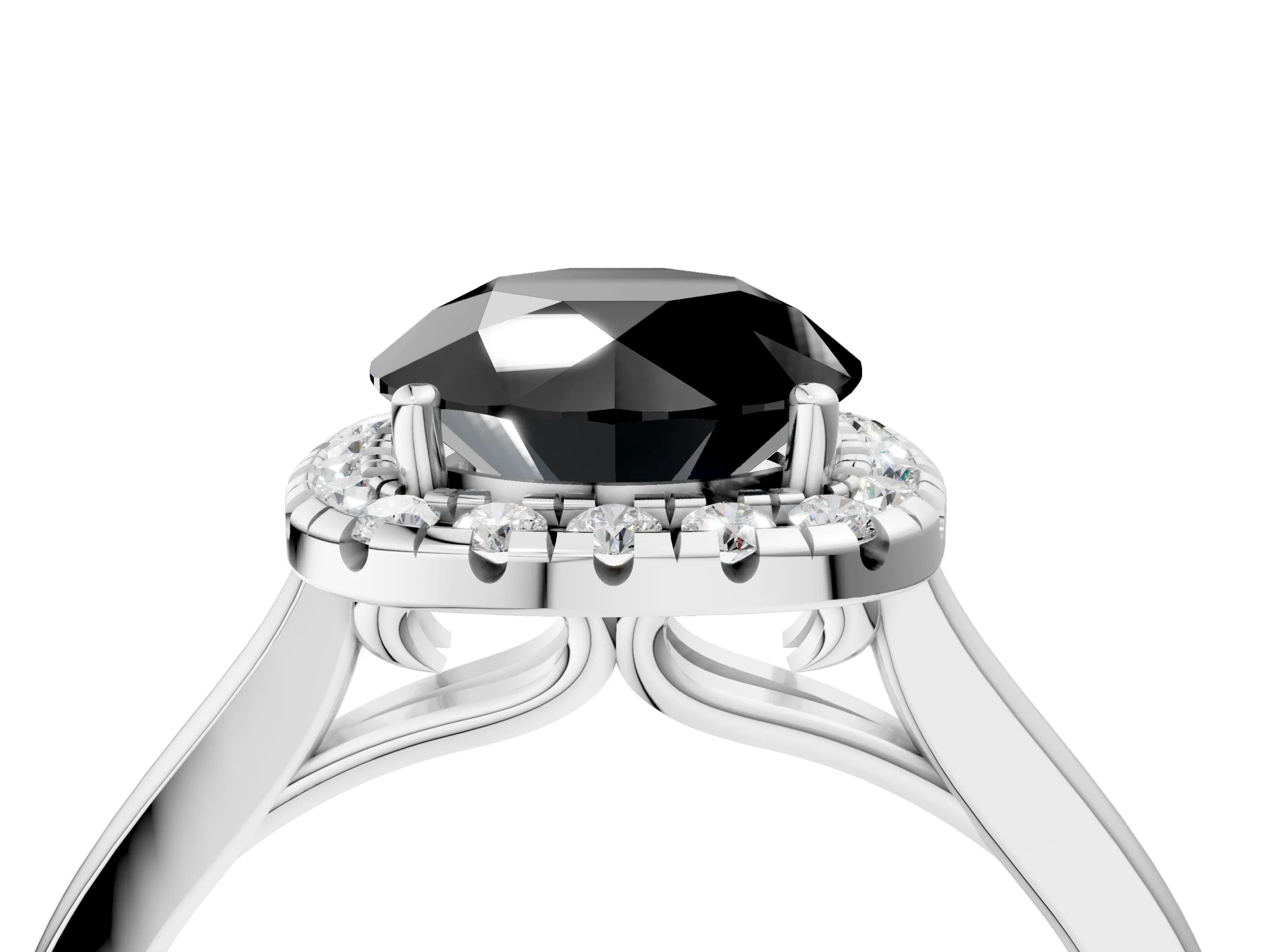 White gold Fancy Black Round Cut Halo Round Diamond Solitaire Ring with Pavé Band and Four-Prong Setting_16