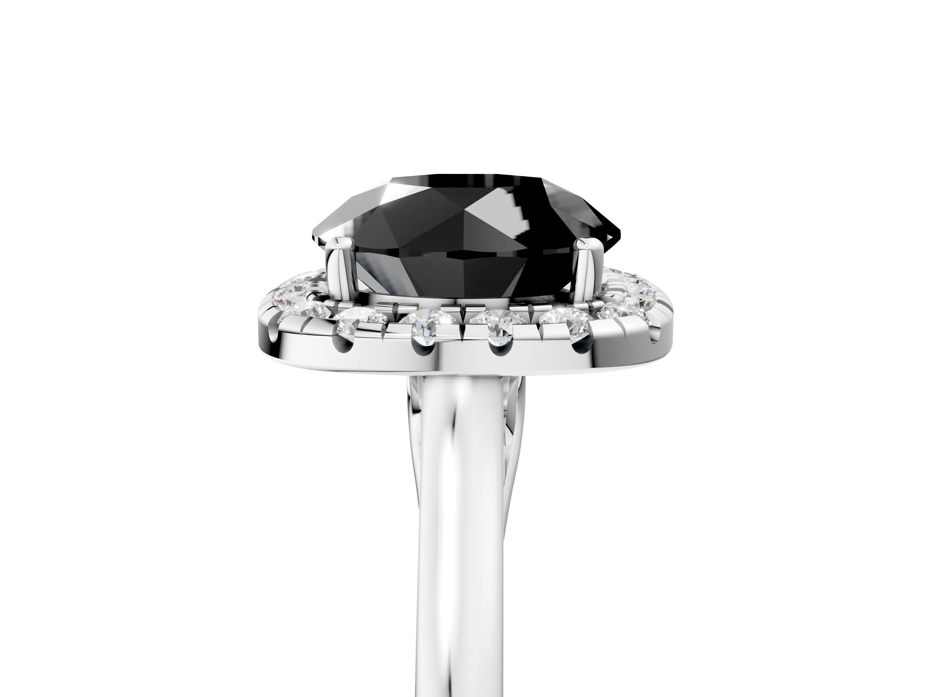 White gold Fancy Black Round Cut Halo Round Diamond Solitaire Ring with Pavé Band and Four-Prong Setting_17