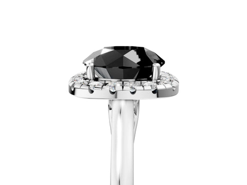 White gold Fancy Black Round Cut Halo Round Diamond Solitaire Ring with Pavé Band and Four-Prong Setting_17
