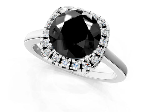 White gold Fancy Black Round Cut Halo Round Diamond Solitaire Ring with Pavé Band and Four-Prong Setting_1